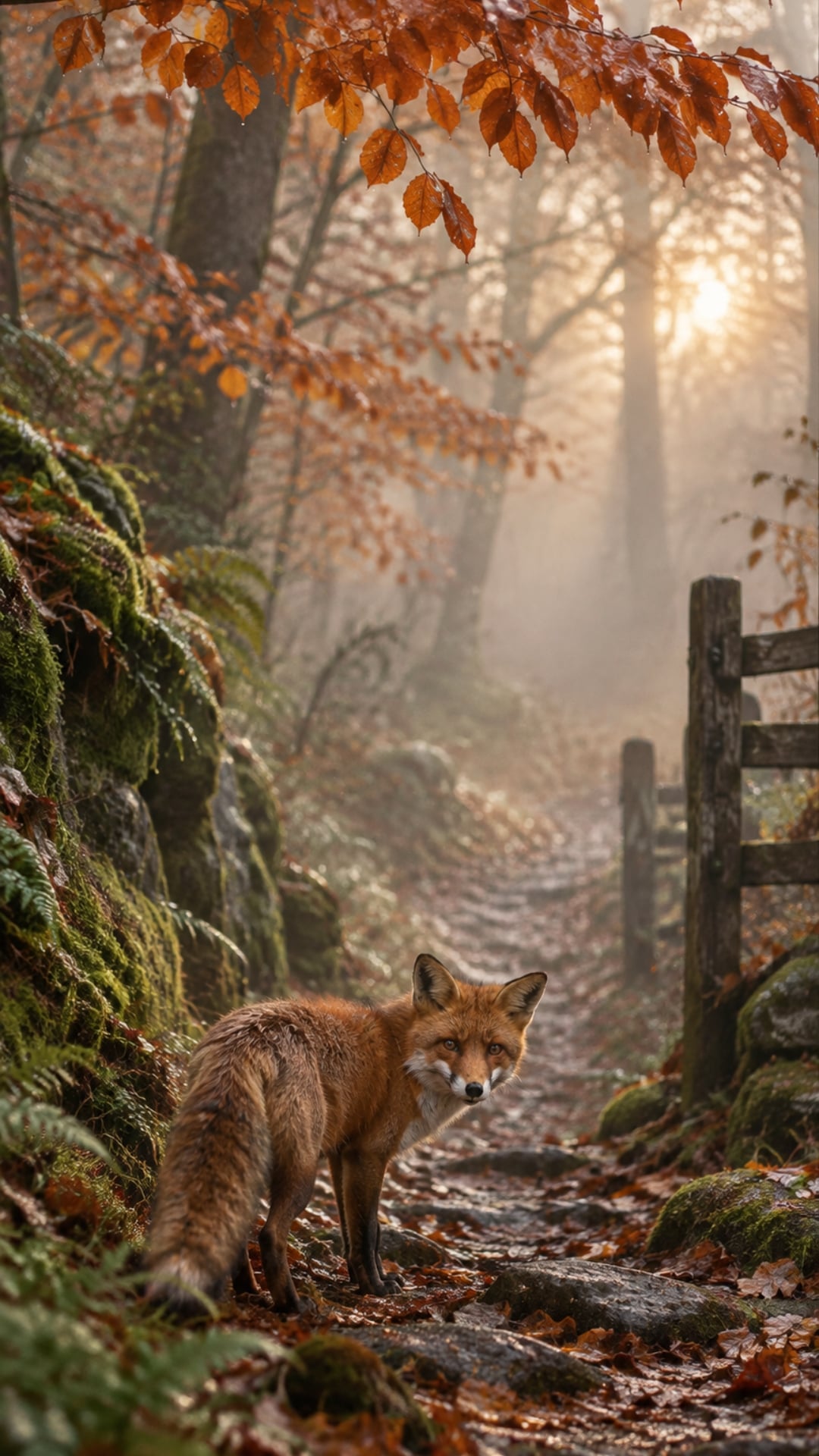 Fall aesthetic iPhone wallpaper with a red fox on a misty path under orange leaves.