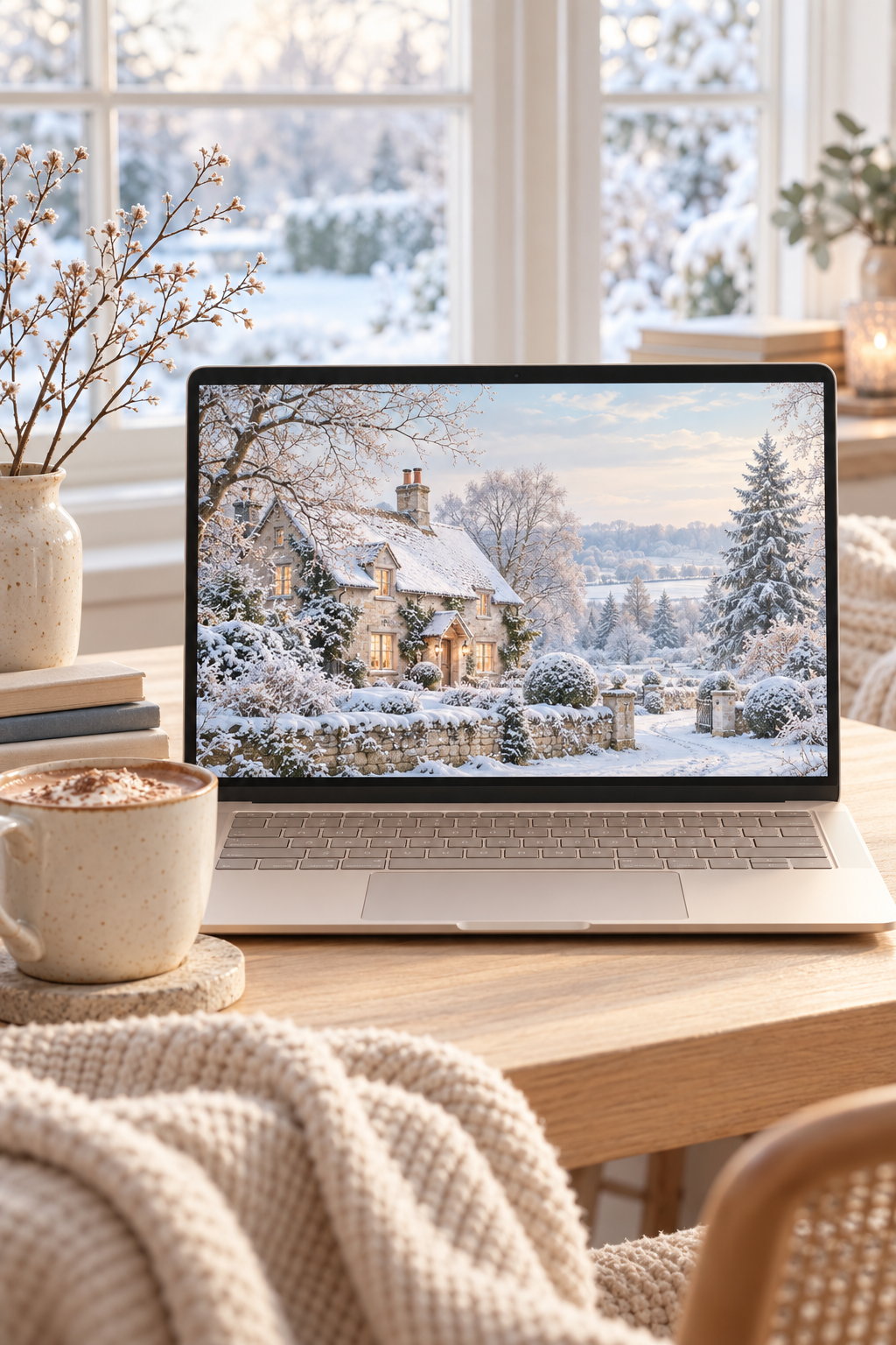 Laptop displaying a snowy cottage winter desktop wallpaper on a wooden desk beside hot cocoa and a cream knitted throw.