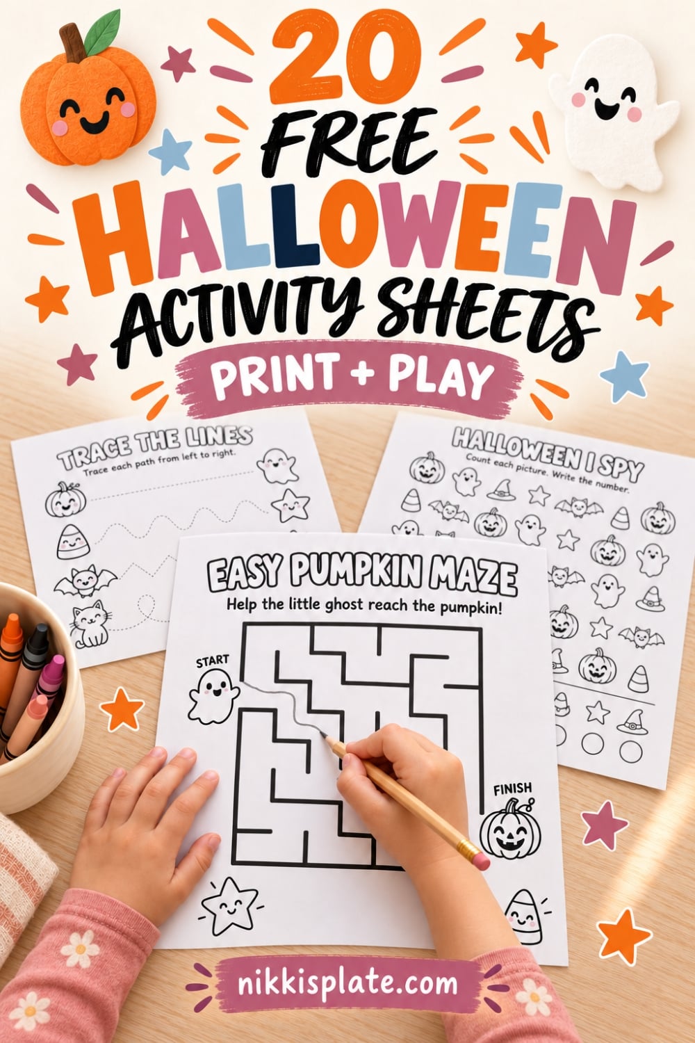 Download 20 free Halloween activity sheets for kids, including mazes, I Spy, tracing, matching, counting, word puzzles and creative pages. These cute printable Halloween worksheets are perfect for October quiet time, classroom activities, homeschool, parties and rainy afternoons.