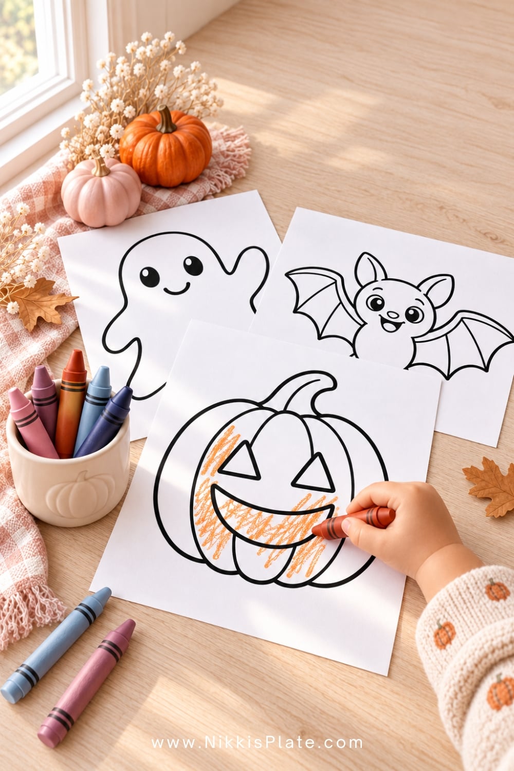 Halloween coloring pages beside jumbo crayons, washable markers and white cardstock on a farmhouse table. Toddler coloring the pumpkin
