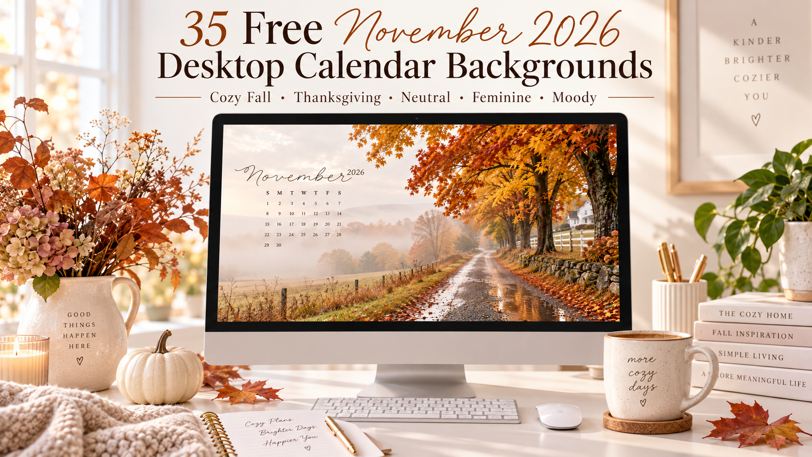 35 free November 2026 desktop calendar backgrounds in cozy fall, Thanksgiving, neutral, feminine and moody aesthetic designs