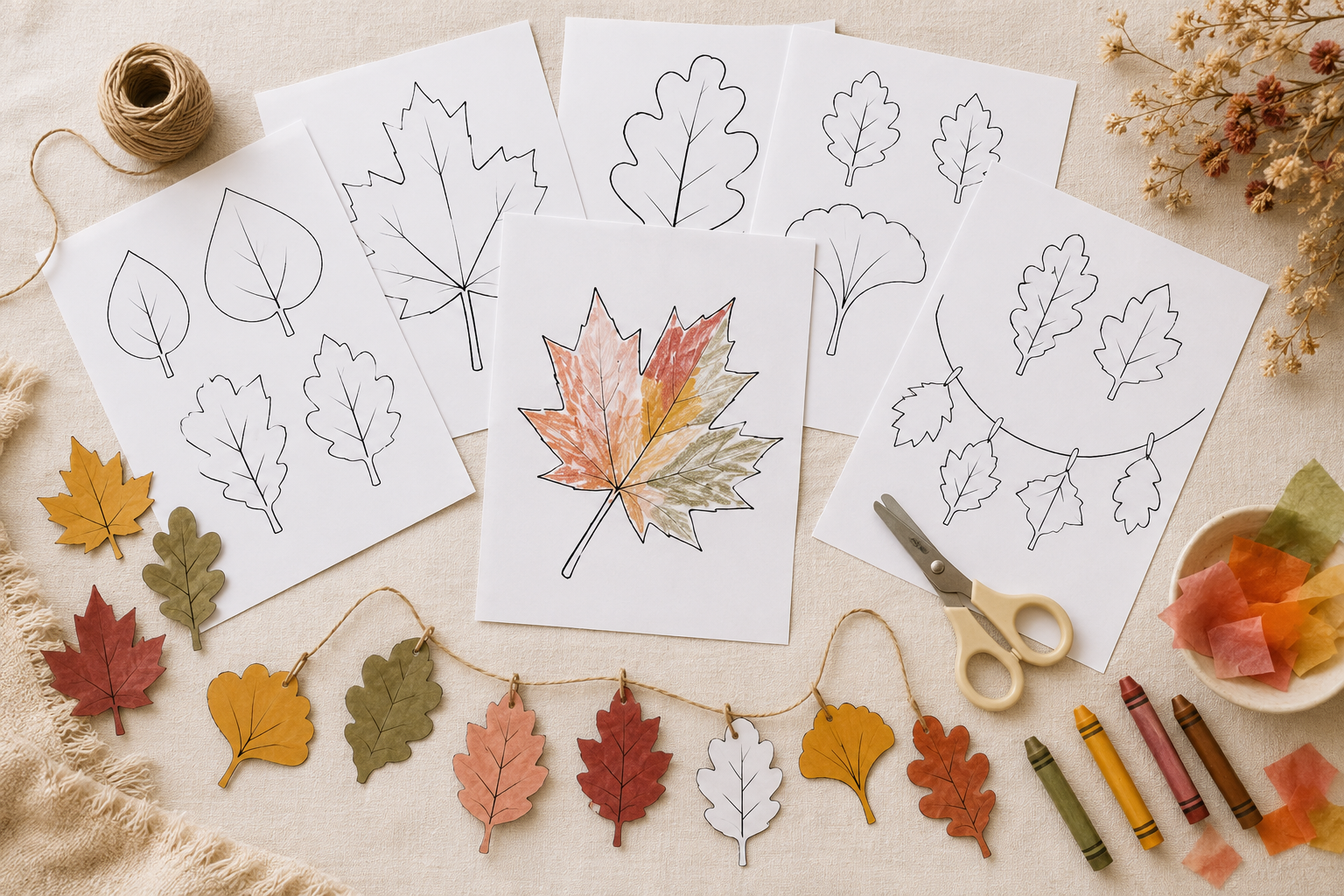 Free printable fall leaves displayed with crayons, scissors and finished paper leaf crafts.