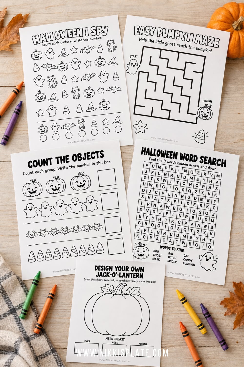 Stack of printable Halloween activity pages showing mazes, counting, matching and Halloween puzzles.