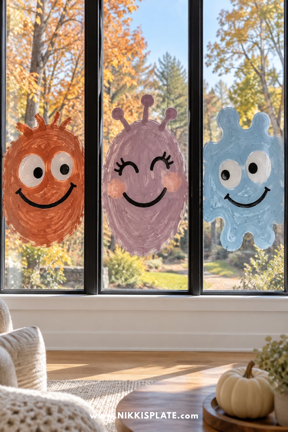 Rust, mauve and pale-blue monster faces painted on three adjacent window panes.