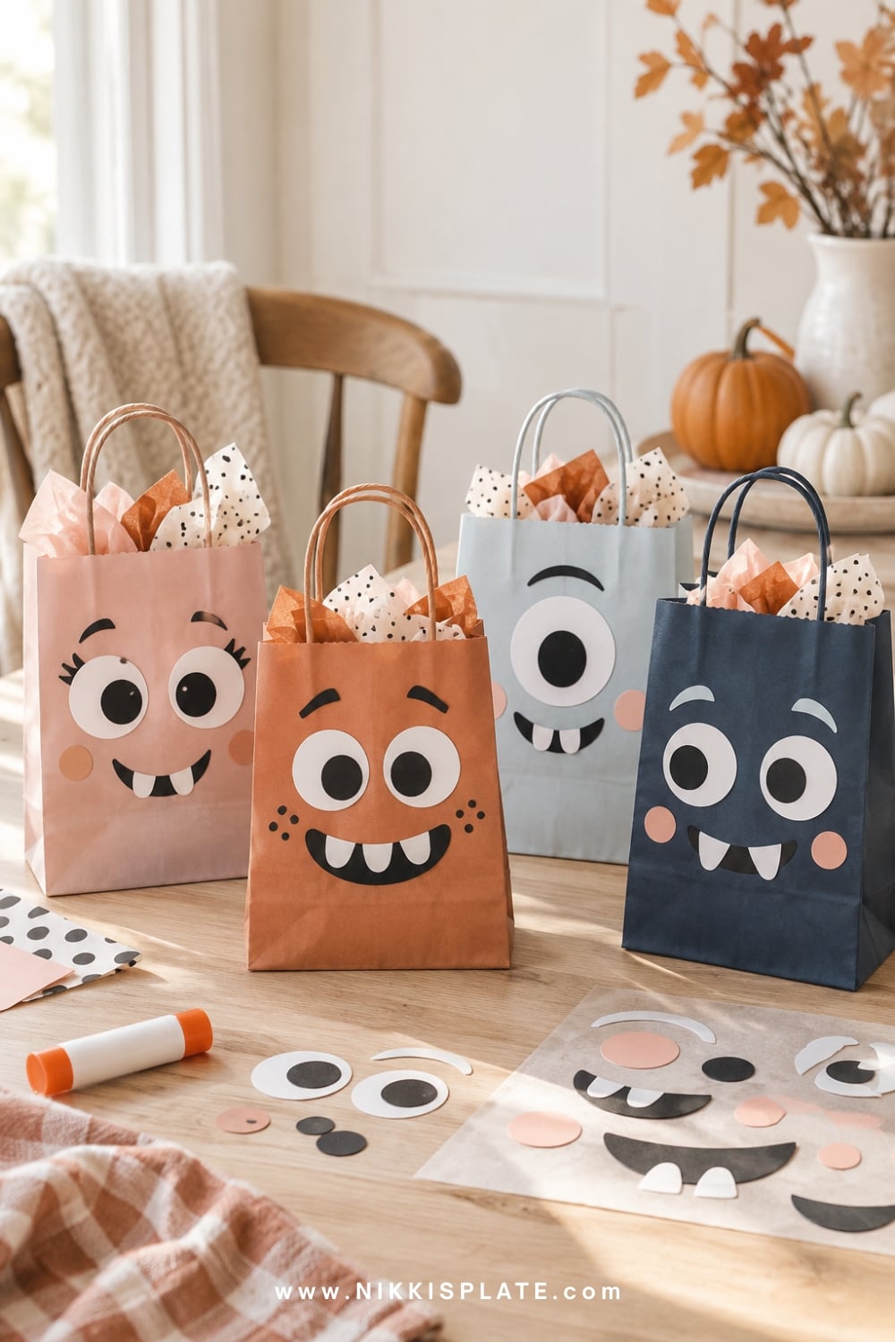 Colourful friendly monster goodie bags with large eyes and rounded paper teeth.