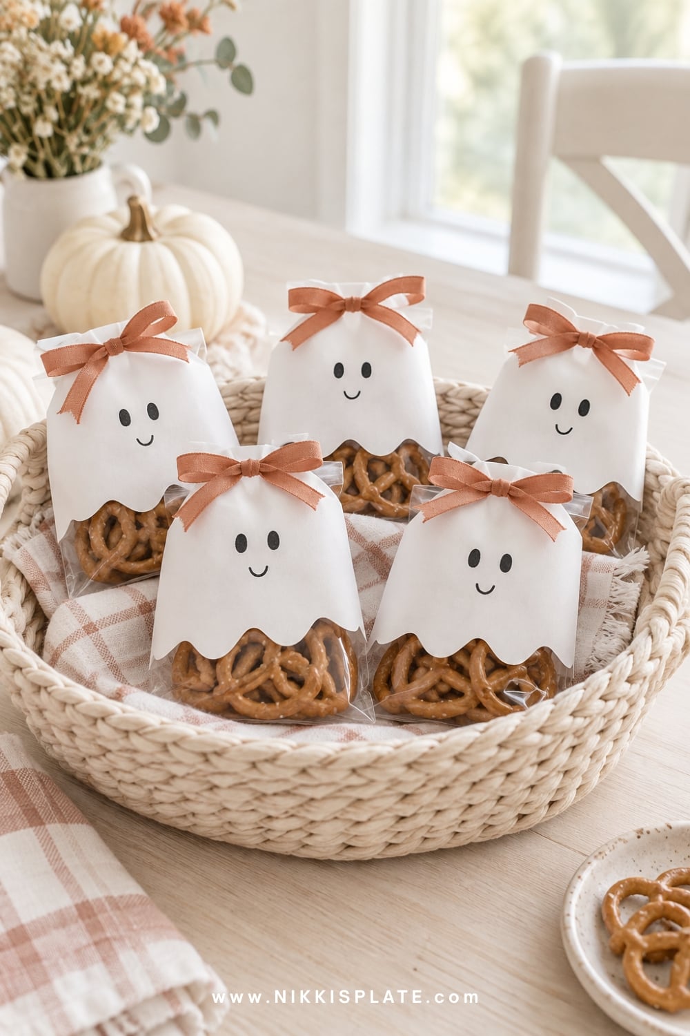 Individually packed pretzels wrapped with friendly ghost paper sleeves.