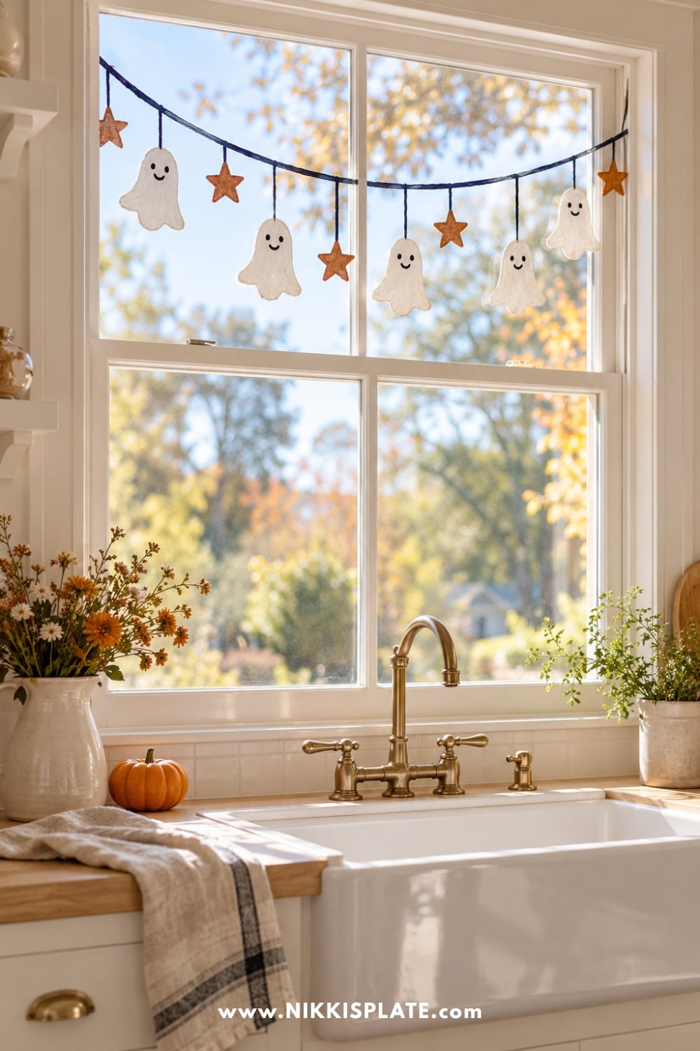 Painted garland of small white ghosts and rust stars across a kitchen window.