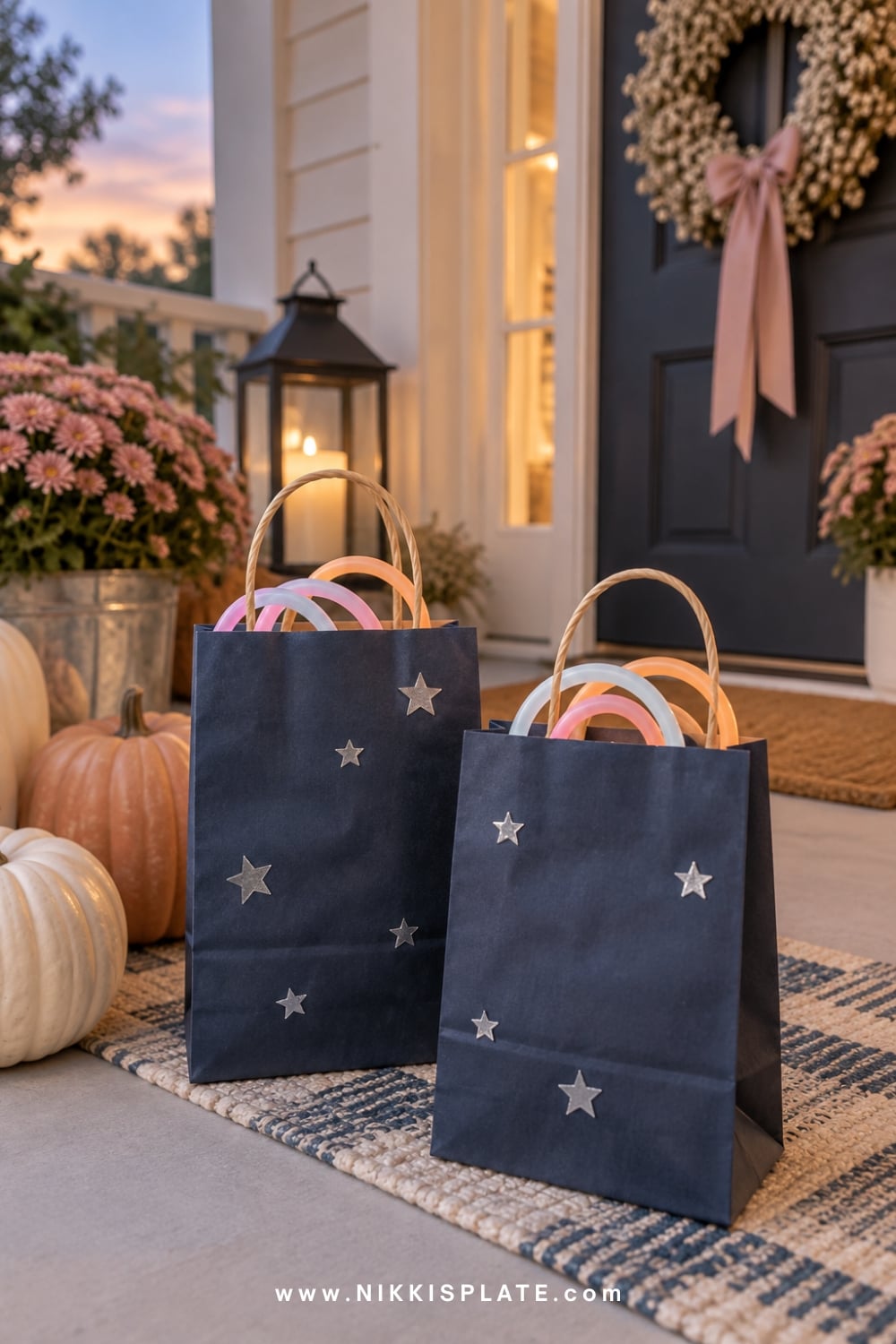 Navy Halloween treat bags with reflective stars and glow bracelets.
