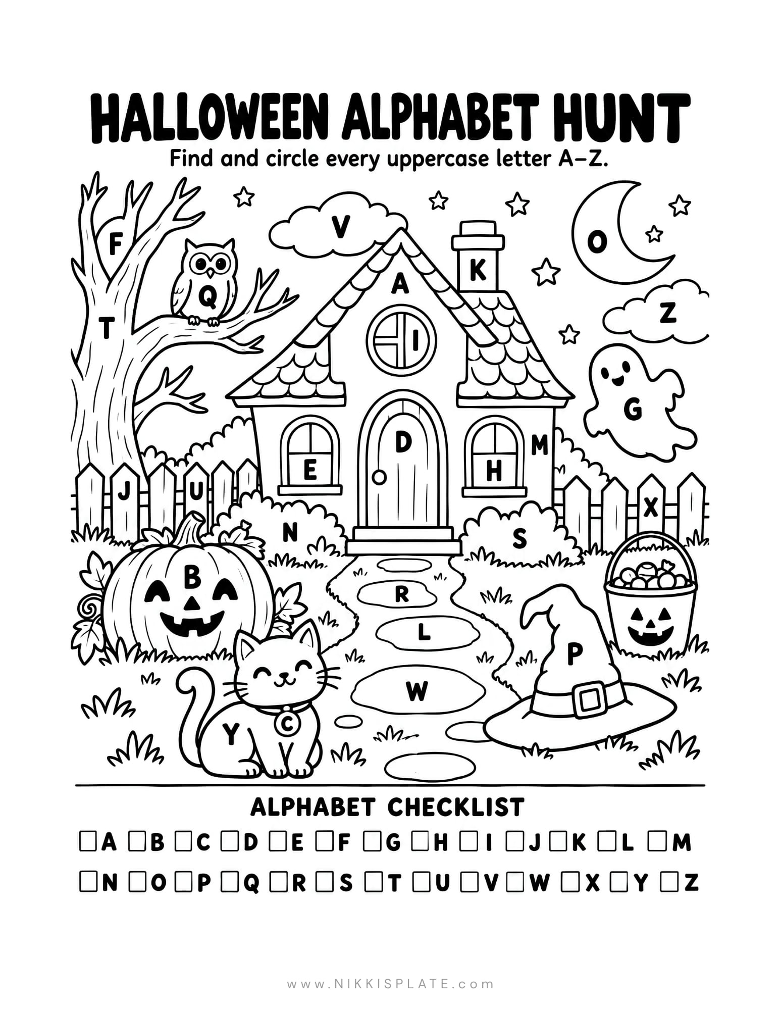 Halloween alphabet hunt printable with uppercase letters A to Z hidden throughout a haunted house scene.