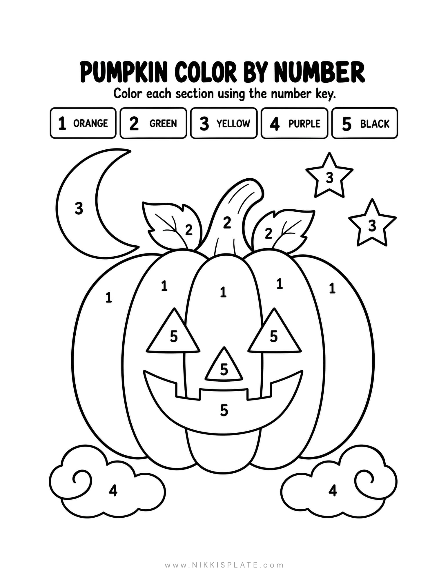 Halloween pumpkin color by number printable with a smiling jack-o'-lantern, moon, stars and clouds.