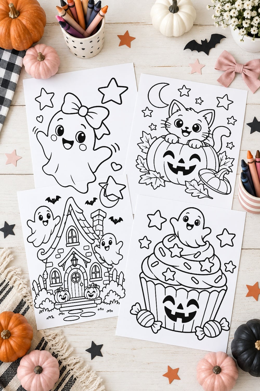 25 cute Halloween coloring pages to print with friendly ghosts, pumpkins, cats, bats, witches and candy.