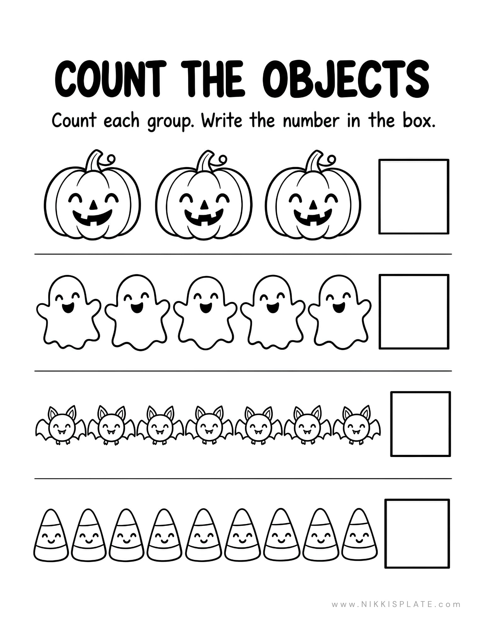 Halloween counting worksheet for kids with pumpkins, ghosts, bats and candy corn to count.
