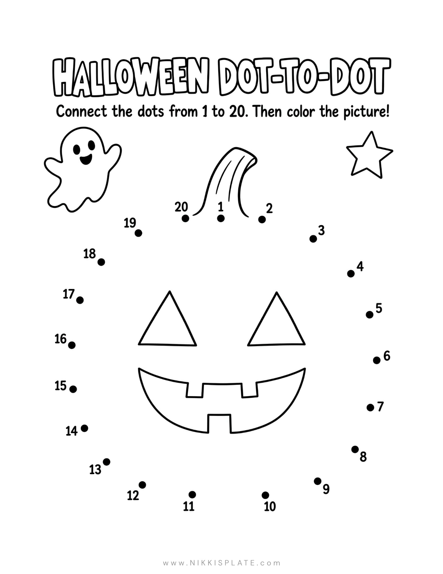 Halloween dot-to-dot activity for kids connecting numbers 1 through 20 to complete a jack-o'-lantern.