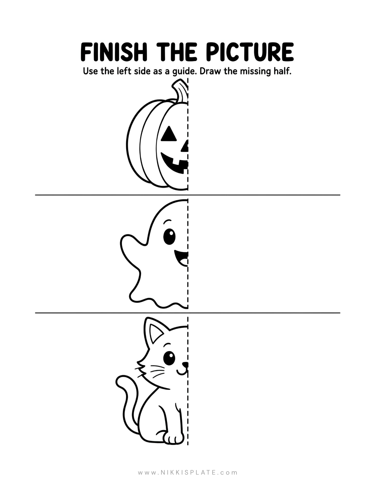 Finish the picture Halloween worksheet with half-drawn pumpkin, ghost and cat illustrations for kids to complete.