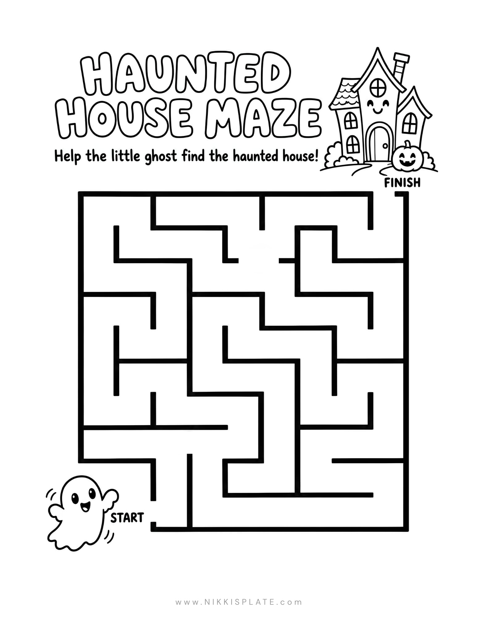 Printable haunted house maze for kids with a friendly ghost trying to reach a Halloween house.