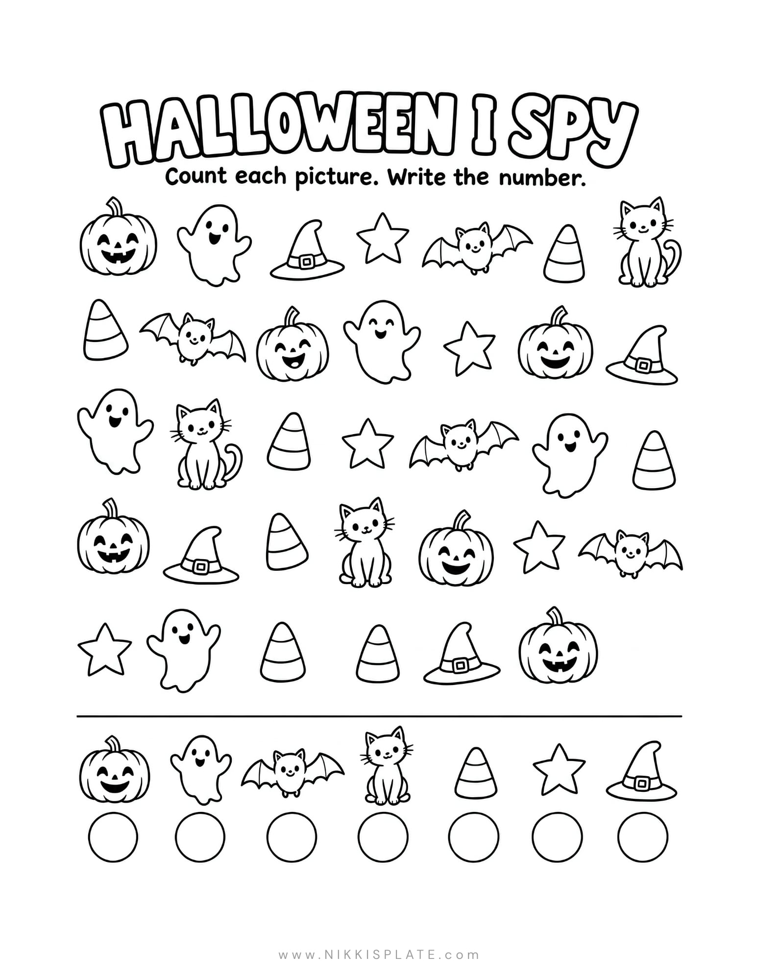 Halloween I Spy activity sheet for kids with pumpkins, ghosts, bats, cats, stars, candy corn and witch hats to count.
