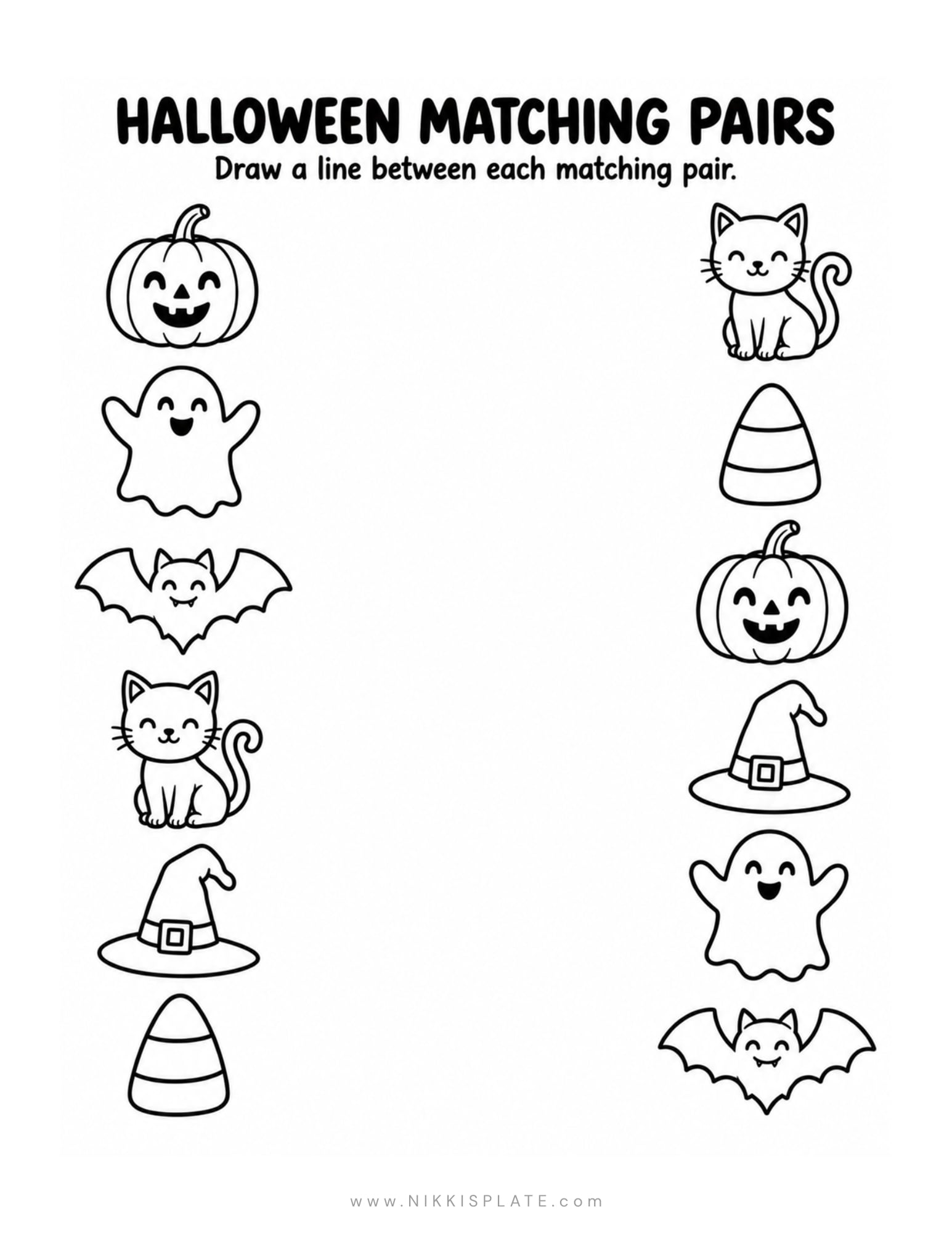 Halloween matching pairs worksheet with pumpkins, ghosts, bats, cats, witch hats and candy corn.