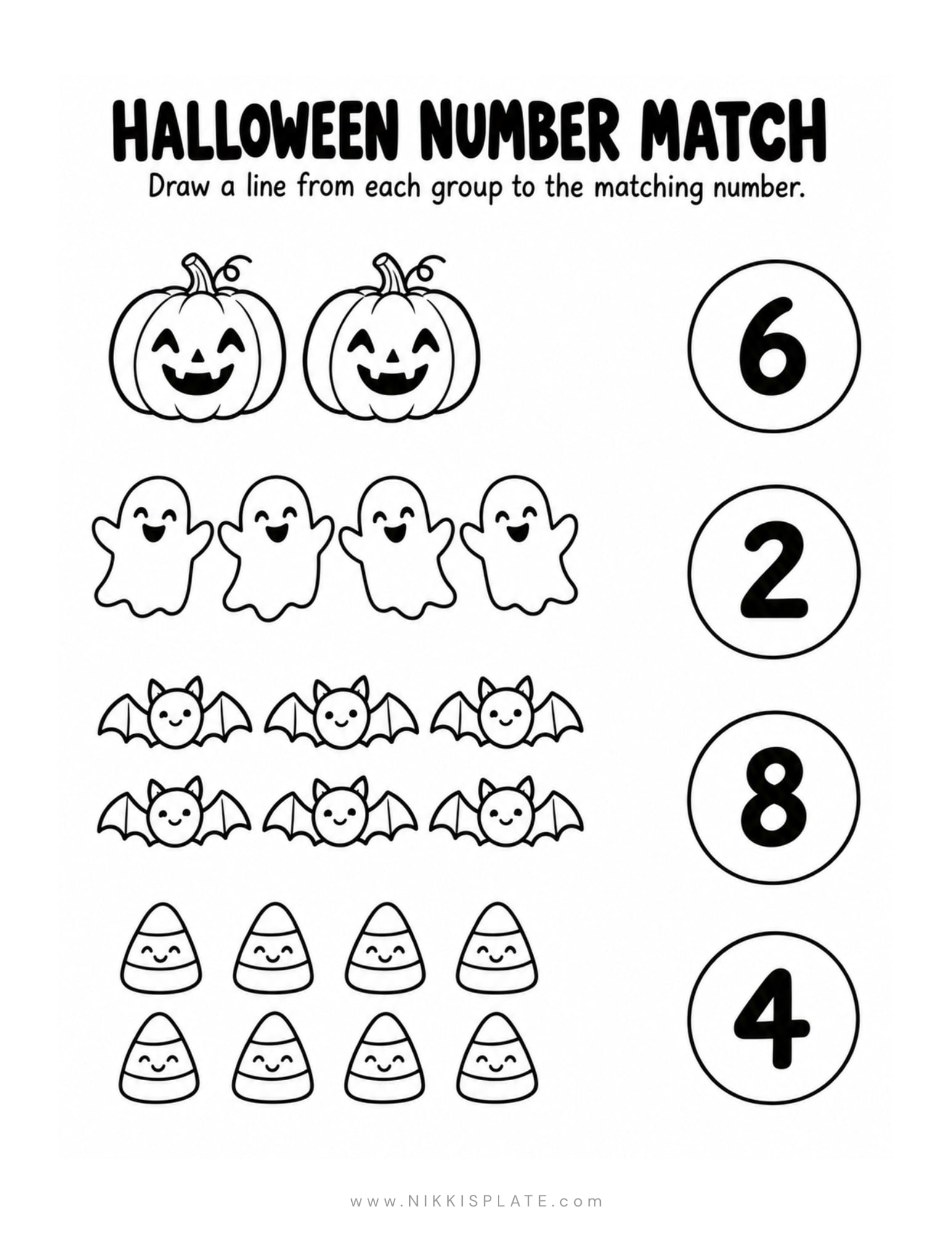 Halloween number matching activity with groups of pumpkins, ghosts, bats and candy corn matched to numbers.