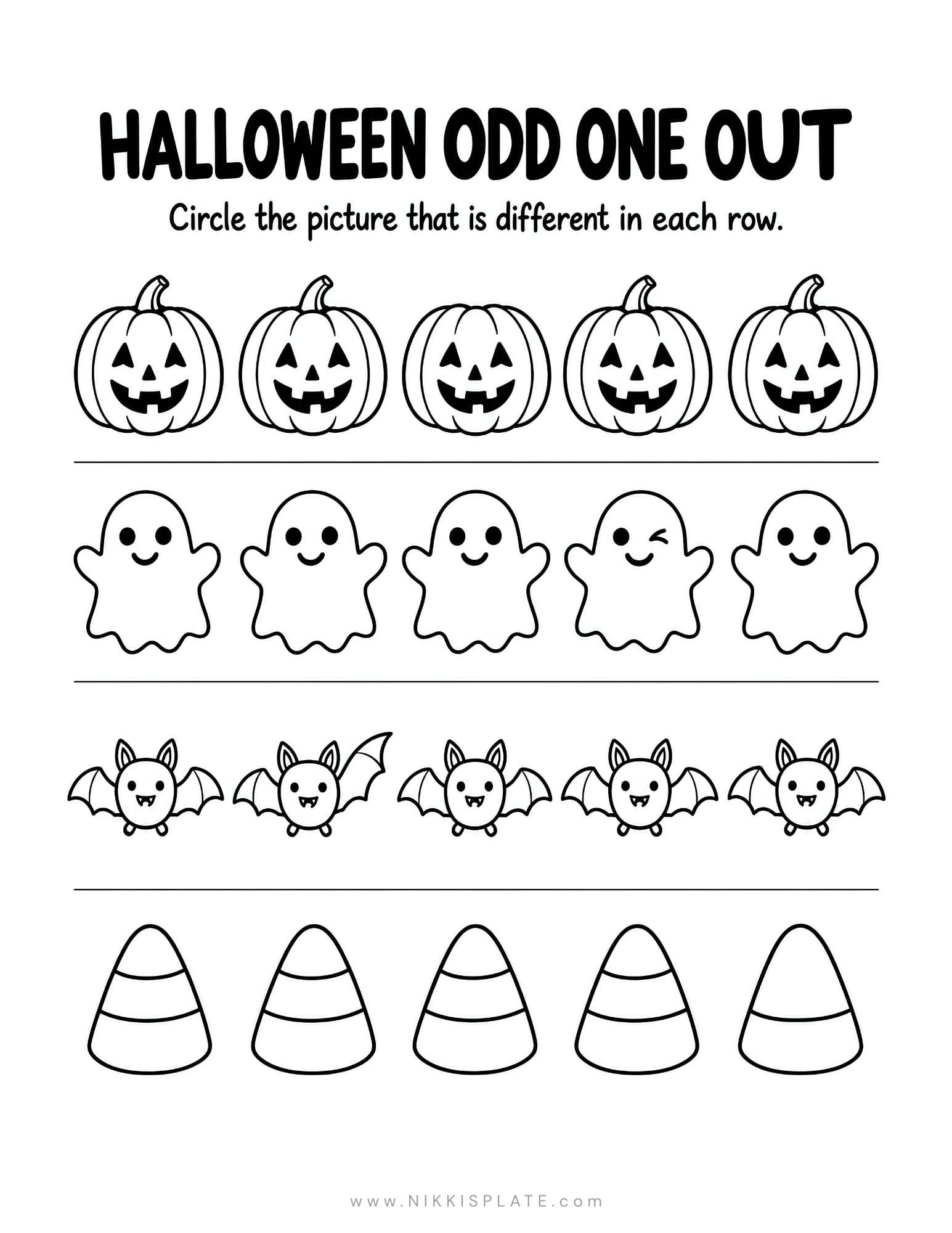 Halloween odd one out worksheet with rows of pumpkins, ghosts, bats and candy corn containing one different picture.