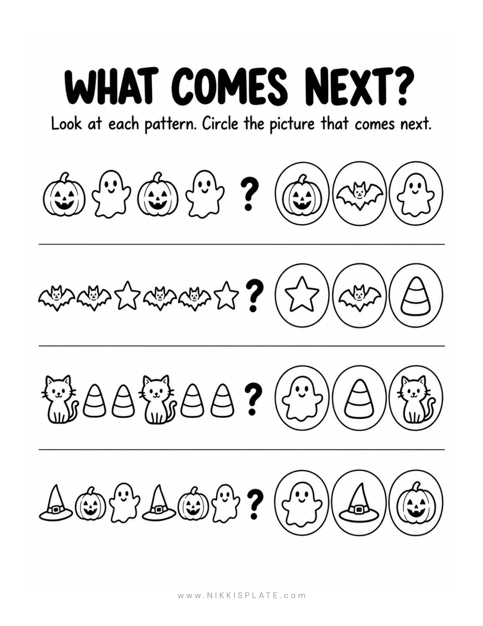 Halloween pattern worksheet asking kids to choose what comes next in rows of pumpkins, ghosts, bats and candy corn.