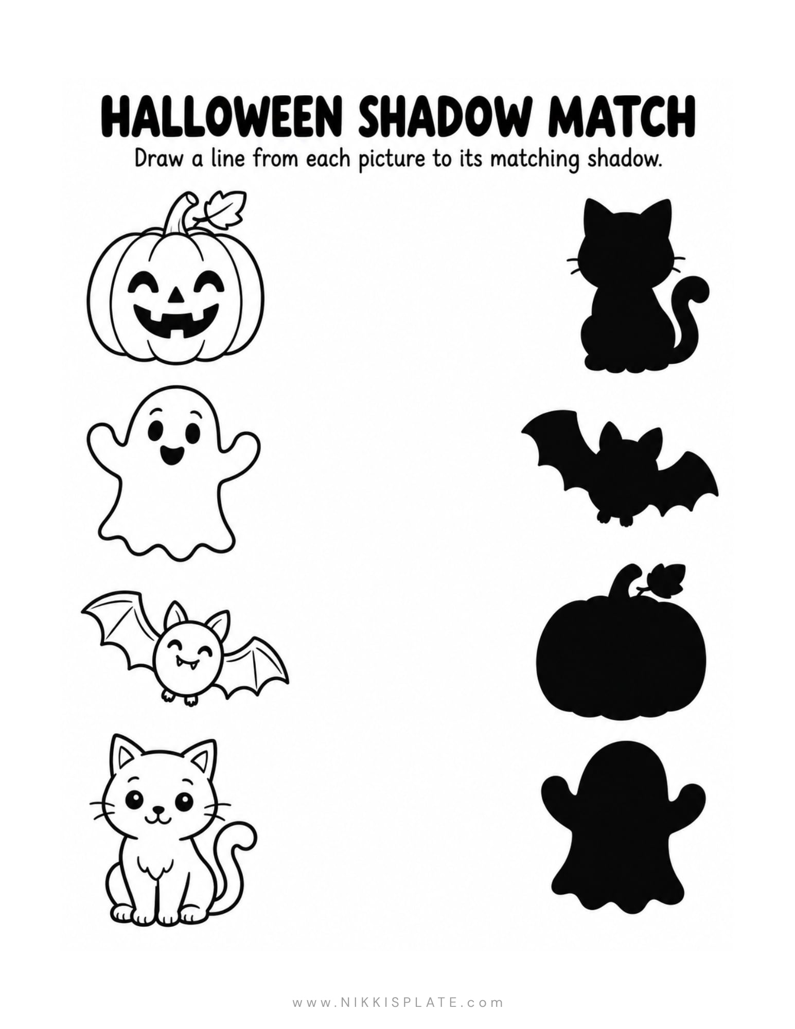 Halloween shadow matching worksheet with a pumpkin, ghost, bat and cat to pair with their silhouettes.
