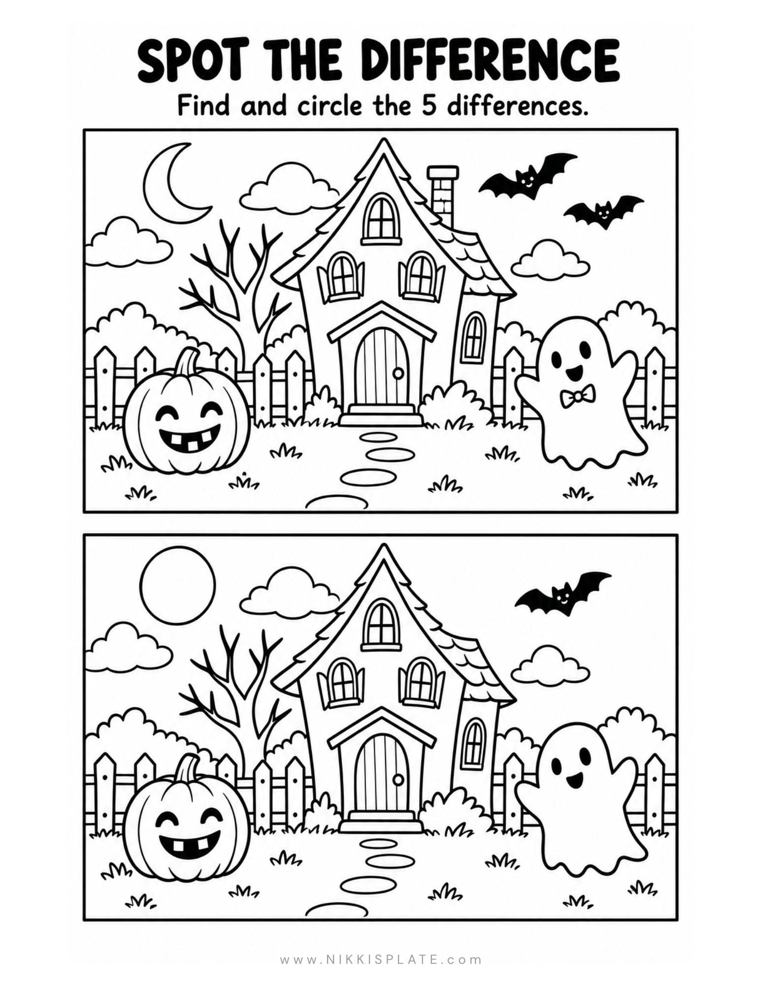 Halloween spot the difference printable with two haunted house scenes and five differences to find.