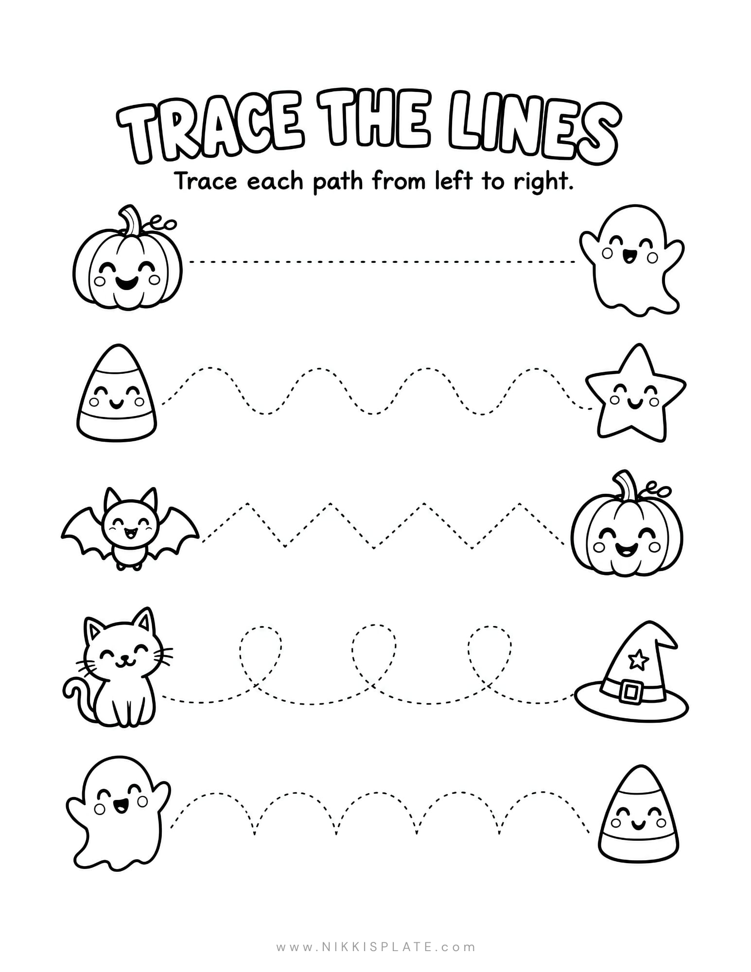 Halloween tracing lines worksheet with straight, wavy, zigzag and looping paths between cute seasonal characters.