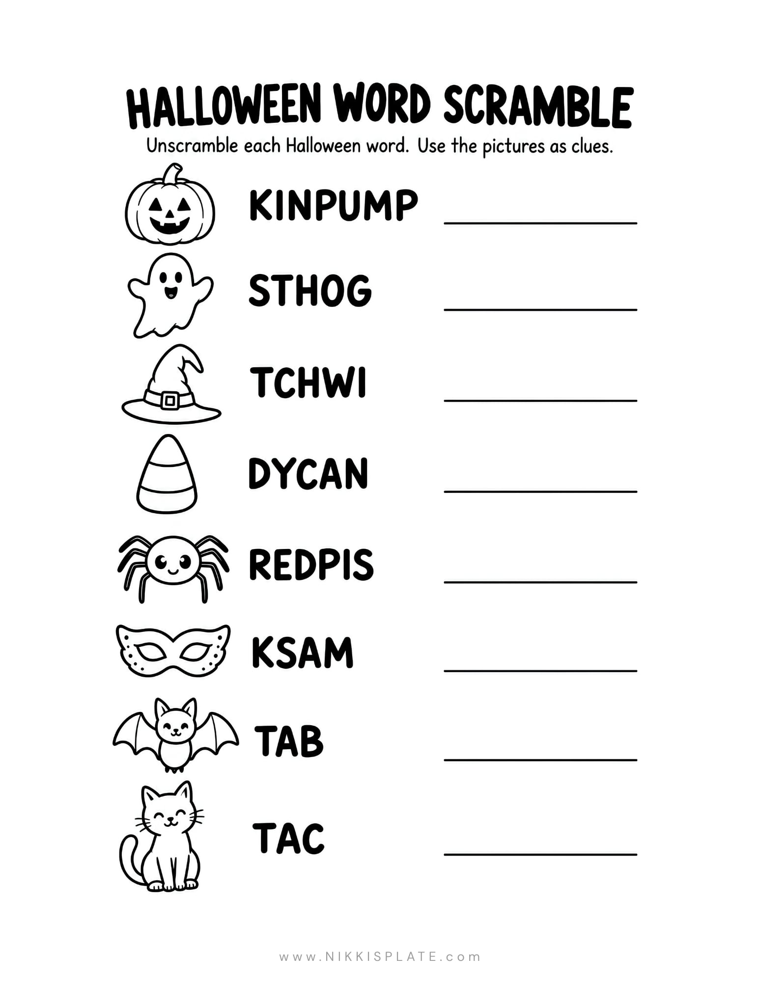Halloween word scramble for kids with eight scrambled seasonal words and picture clues.