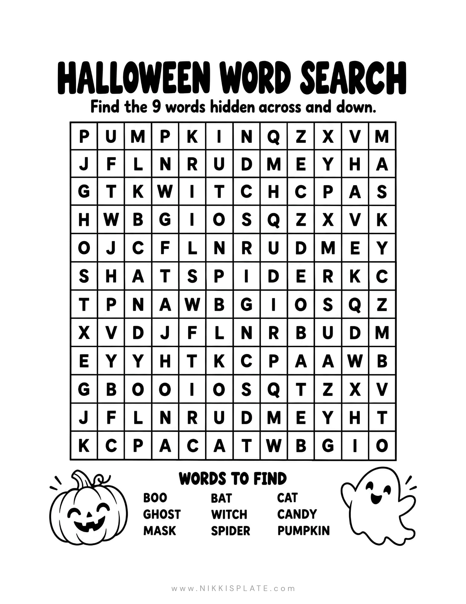 Halloween word search for kids with nine hidden words including pumpkin, ghost, witch, spider, bat and candy.