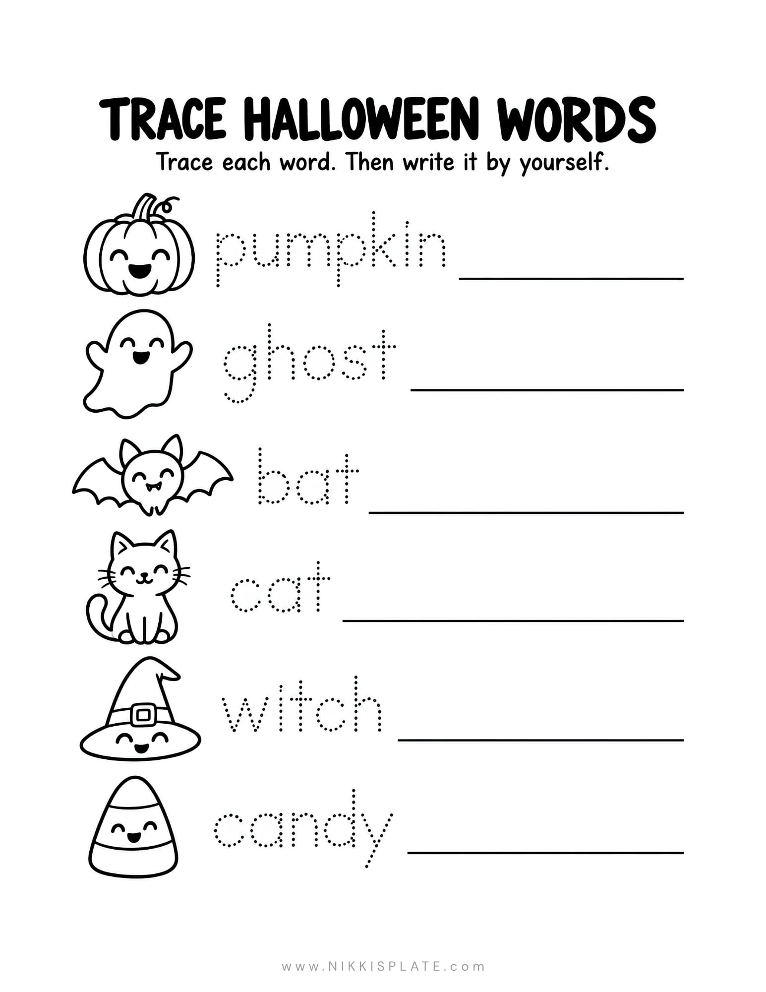 Halloween word tracing worksheet for kids with pumpkin, ghost, bat, cat, witch and candy vocabulary.