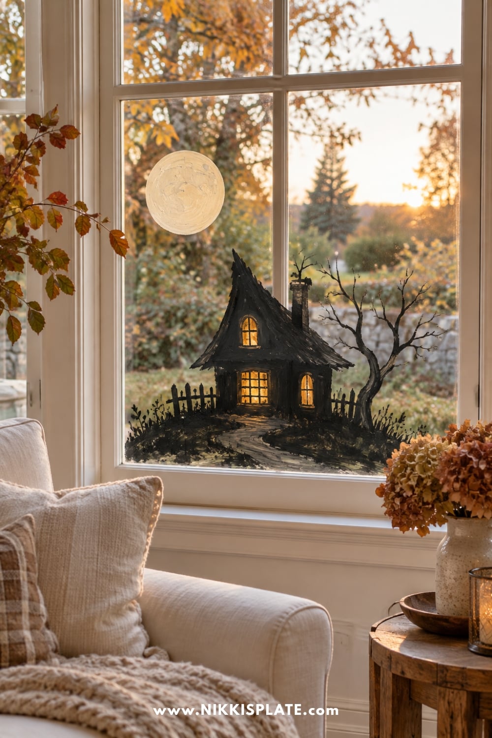 Storybook haunted cottage painted on a window with warm yellow windows and a moon.