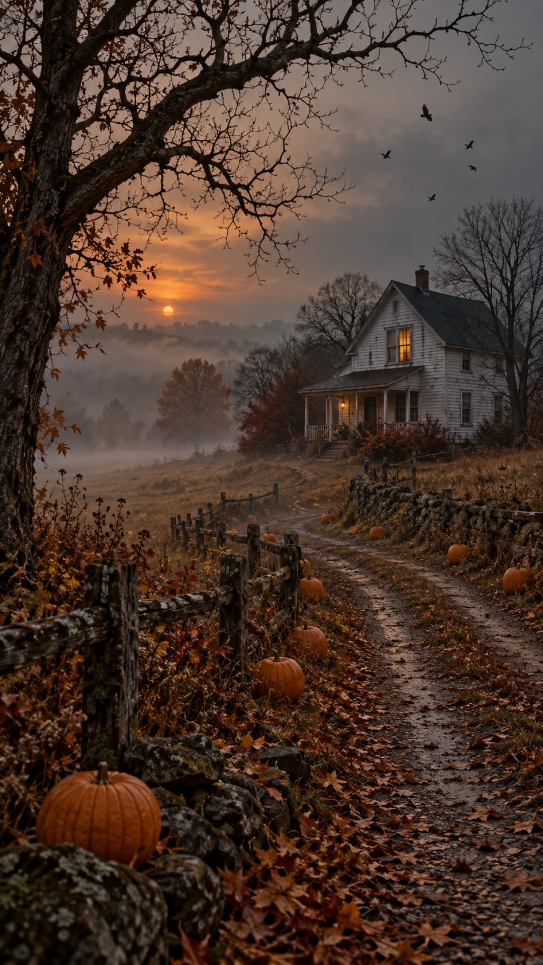 Halloween fall iPhone wallpaper with an old farmhouse, pumpkin path and soft evening fog.