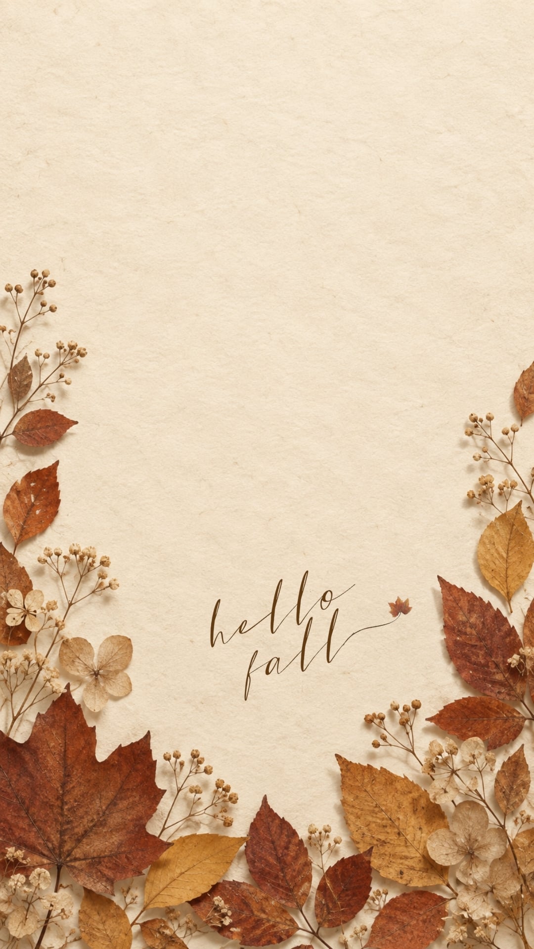 Hello Fall quote iPhone wallpaper with pressed leaves on a warm cream paper background.