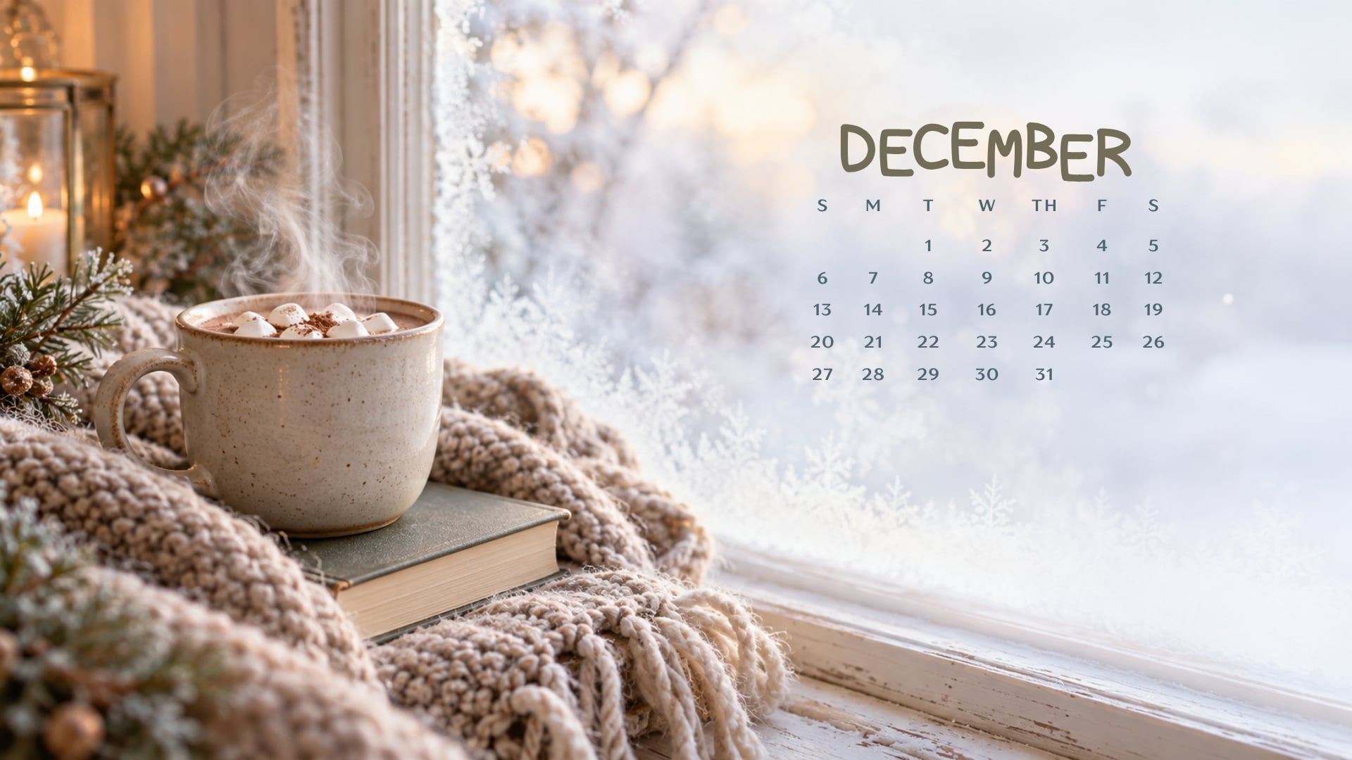 December 2026 desktop calendar with hot cocoa and an oatmeal wool blanket beside a frosted window.