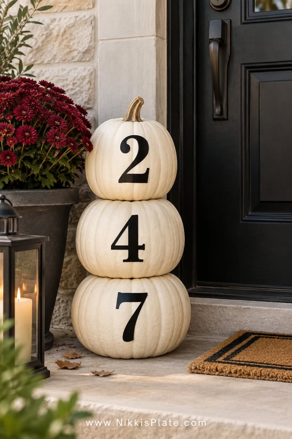 Cream pumpkins with black house-number digits arranged beside a farmhouse front door.