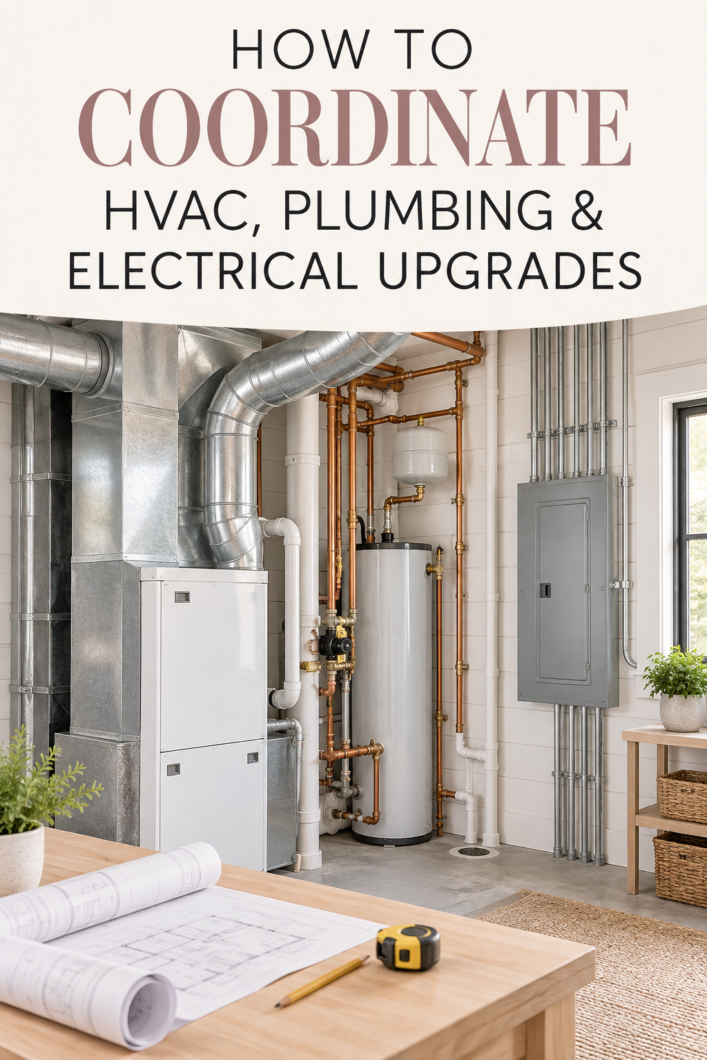 Pinterest graphic showing coordinated HVAC, plumbing, and electrical systems in a bright farmhouse mechanical room.