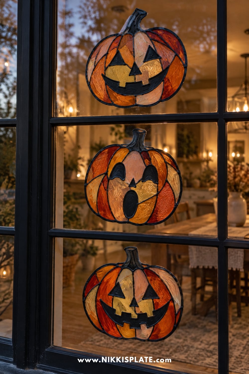 Three painted jack-o-lantern faces with colourful stained-glass-style sections.