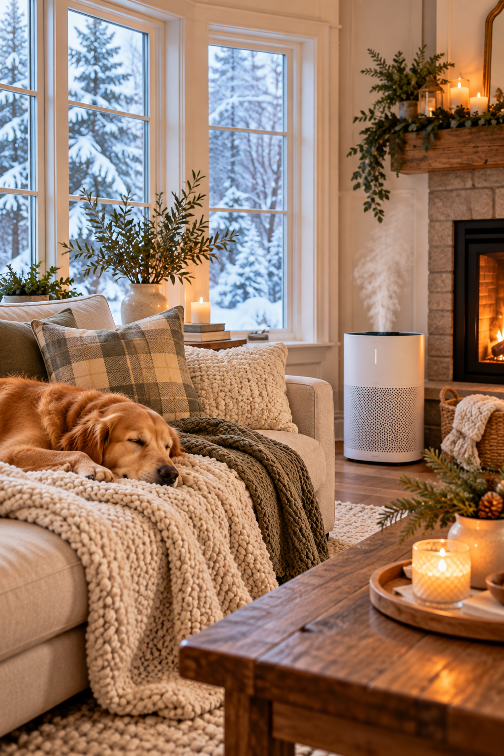 Cozy winter living room with closed windows, a humidifier, fireplace, layered blankets, and a sleeping dog, illustrating ways to keep a house fresh in winter.