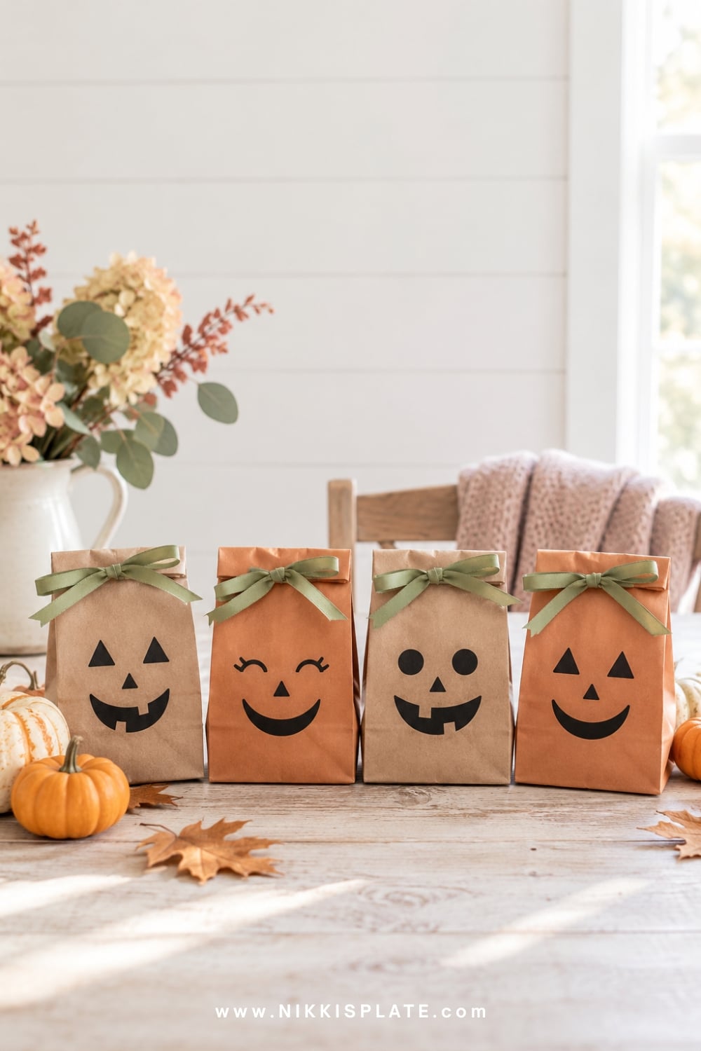 Kraft and orange jack-o-lantern treat bags tied with green ribbon.