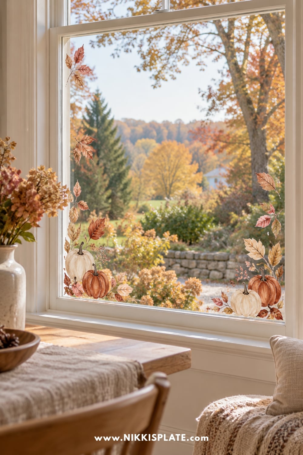 Small painted pumpkins and autumn leaves decorating the lower corners of a window.