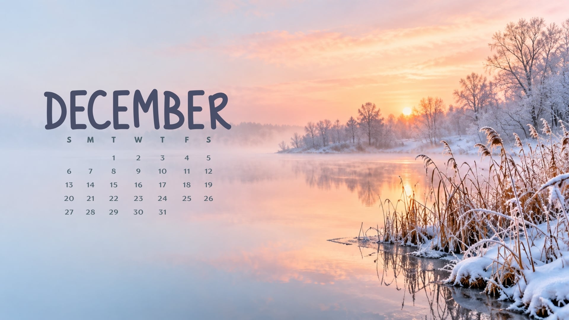December 2026 desktop calendar with a misty lake, snowy reeds and pale blush sunrise light.