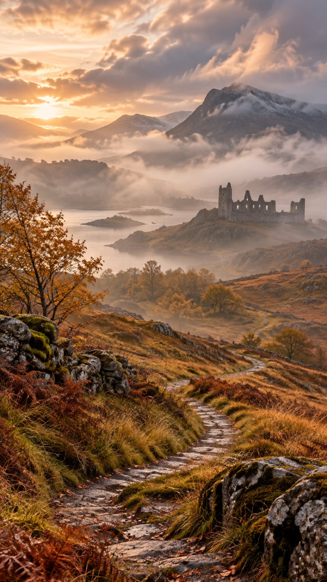 Moody autumn iPhone wallpaper with misty stone ruins, golden grass and distant highland hills.