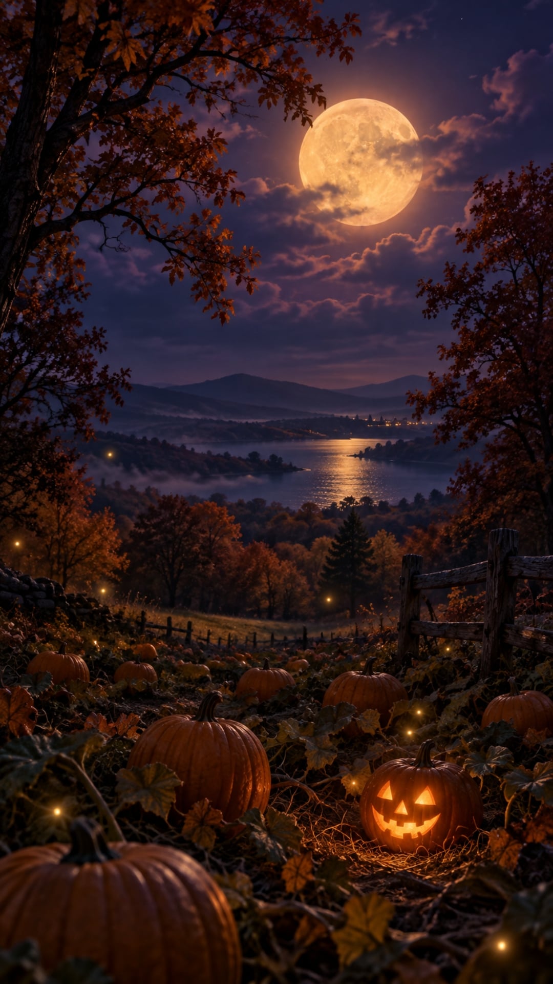 Fall Halloween iPhone wallpaper with a moonlit pumpkin patch, fireflies and dark autumn trees