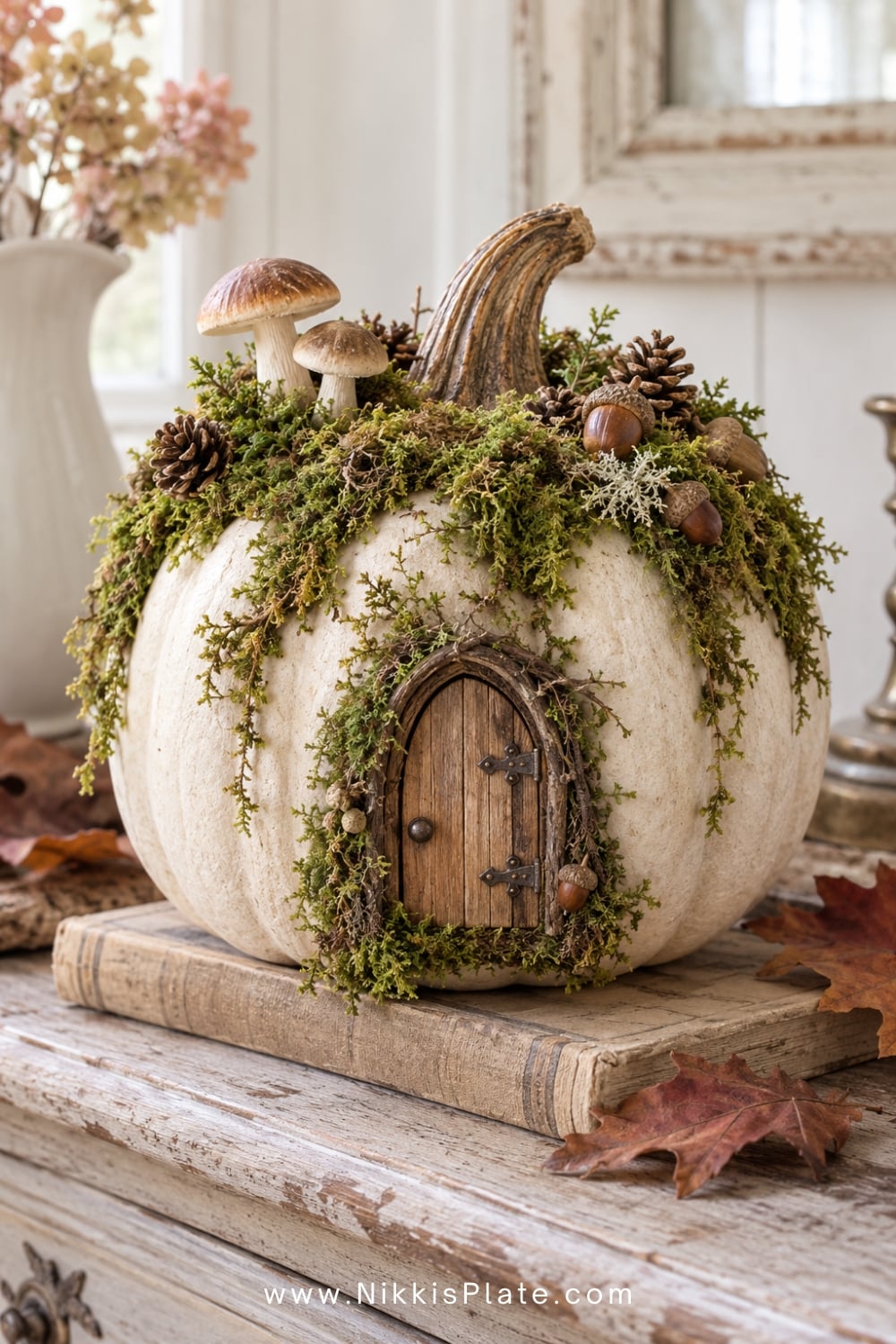 Moss-covered woodland pumpkin with tiny mushrooms, acorns and a miniature door.
