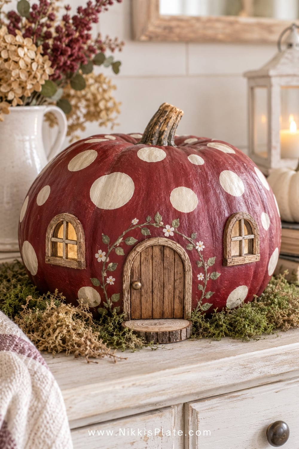 Storybook mushroom house pumpkin with cream spots, tiny windows and a small door.