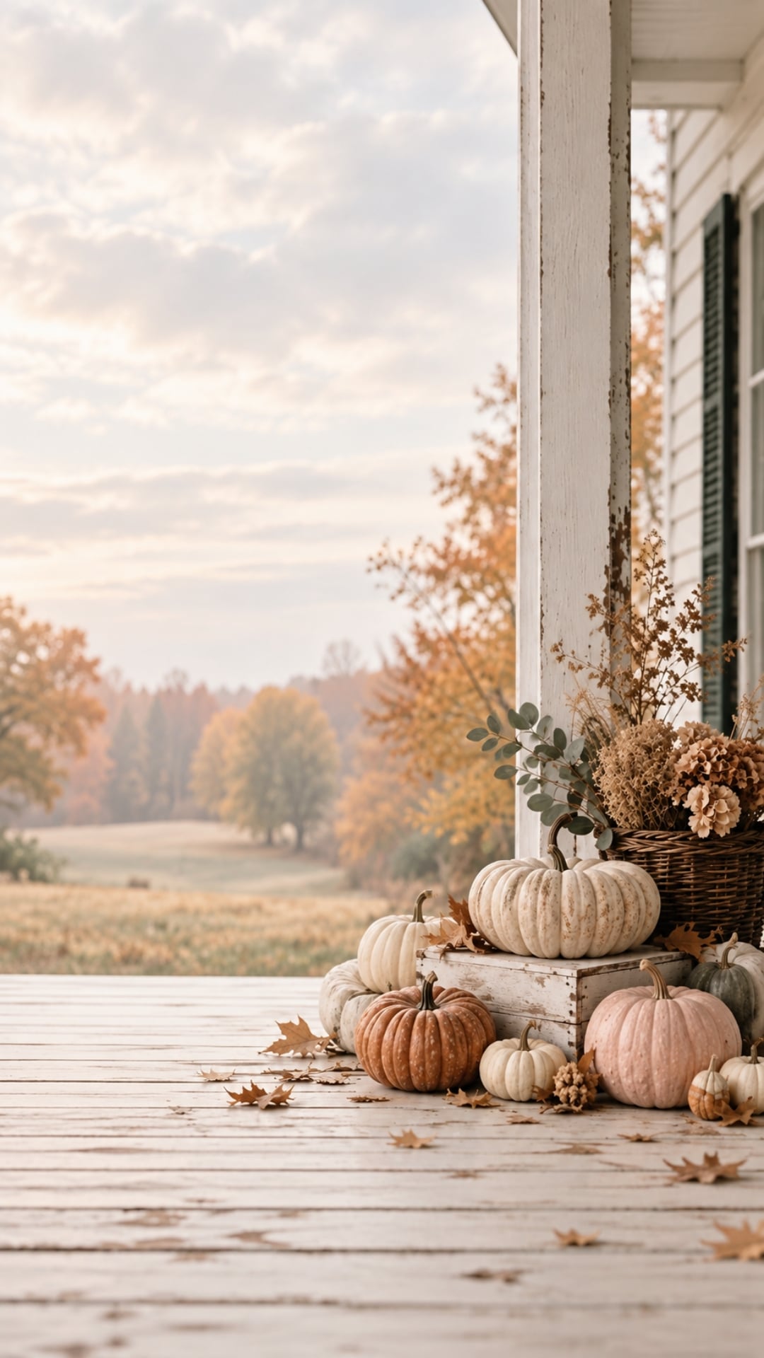 Neutral fall iPhone wallpaper featuring blush, white and rust pumpkins on a farmhouse porch overlooking the autumn countryside.