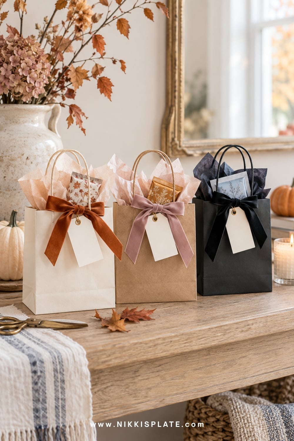 Cream, kraft and black Halloween treat bags for teachers, neighbours and coworkers.