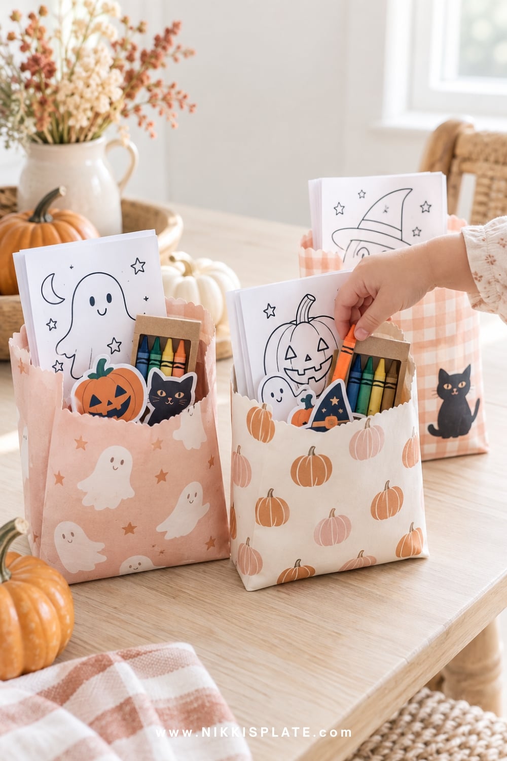 Halloween art bags filled with crayons, stickers and folded colouring pages.