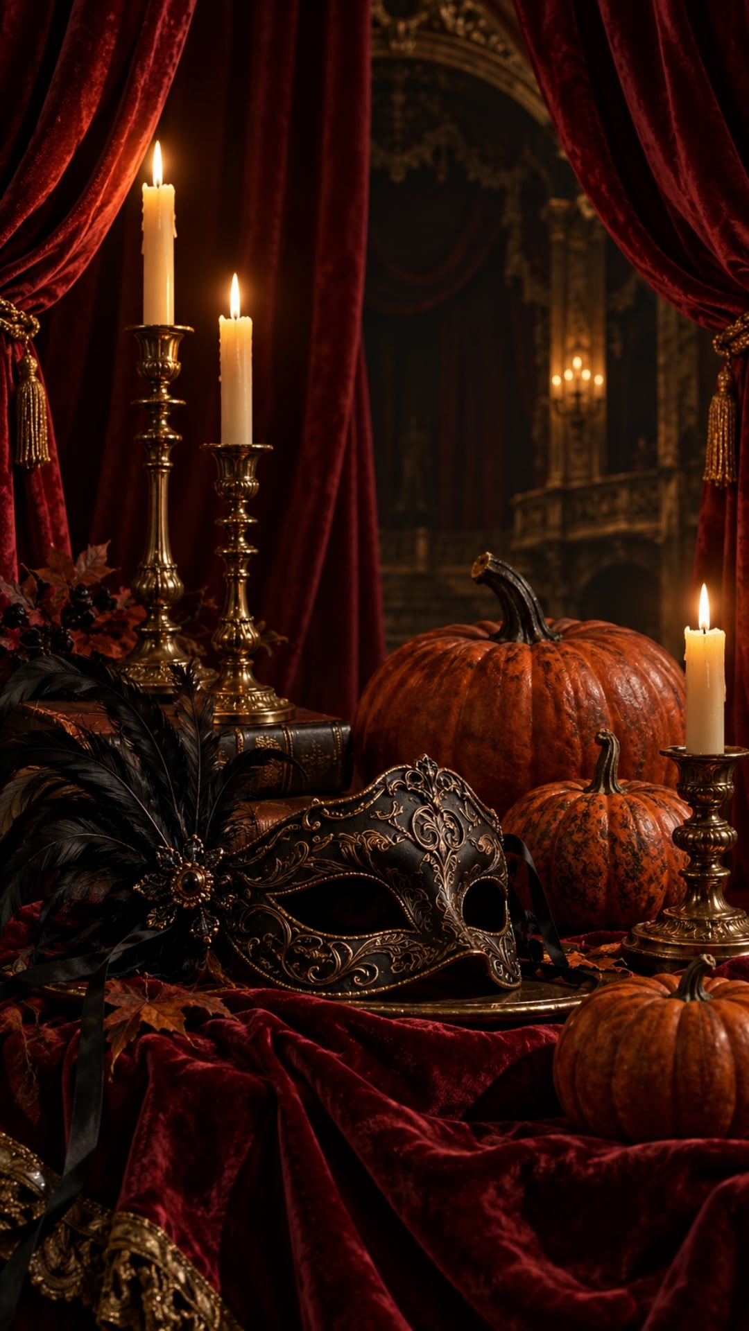 Opera aesthetic Halloween iPhone wallpaper with velvet drapery, masquerade mask and pumpkins.