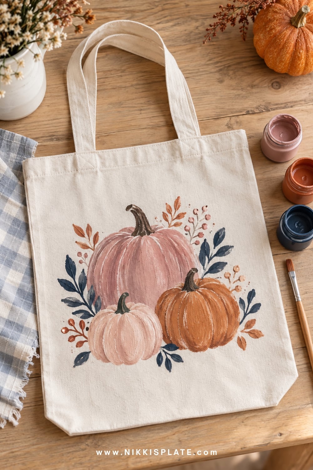 Natural canvas trick-or-treat tote painted with muted pumpkins.